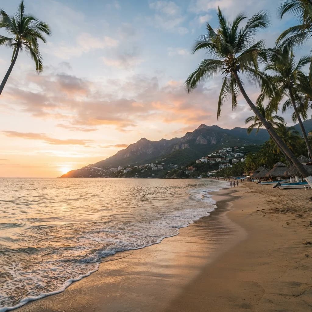A palm-lined beach in Puerto Vallarta at golden hour