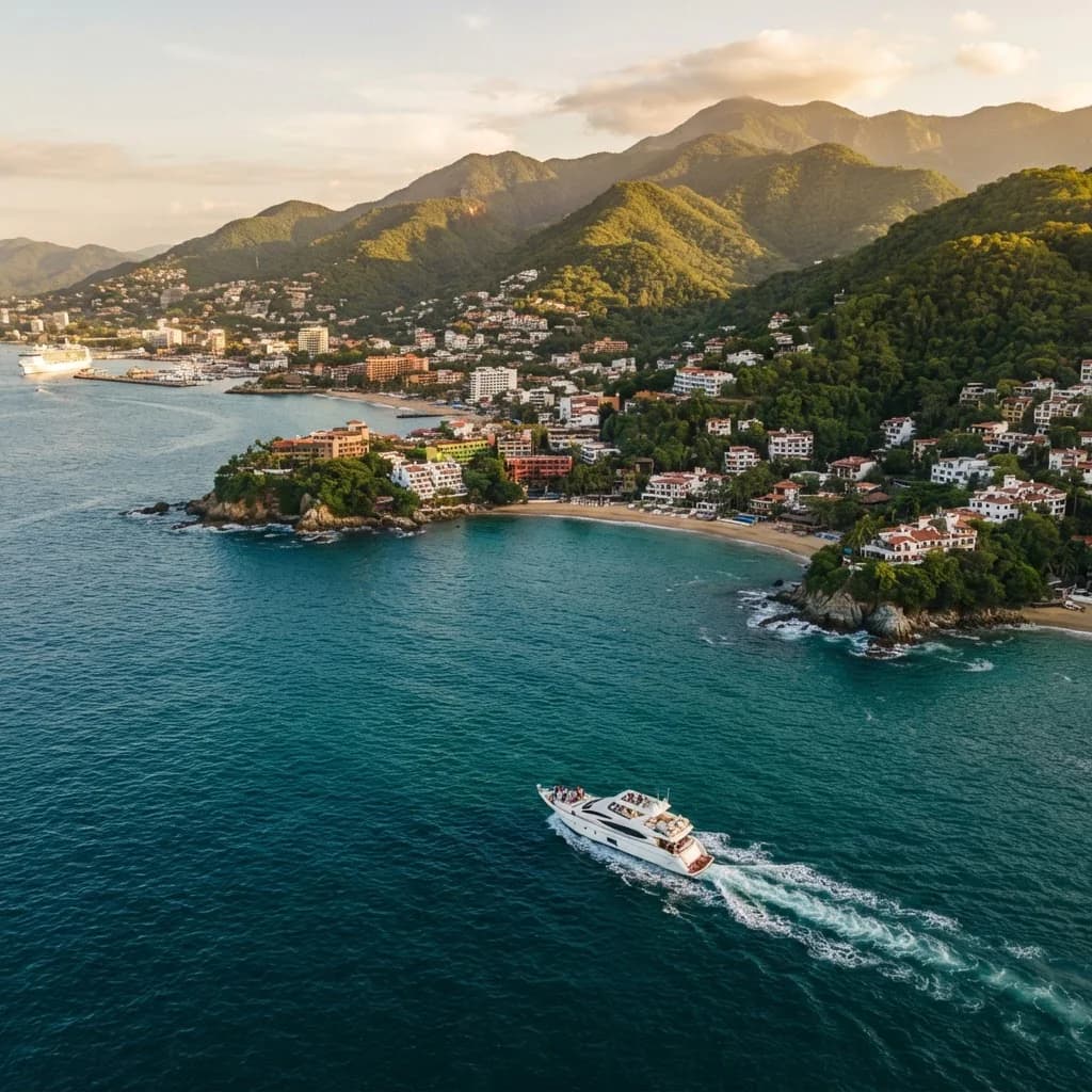 Aerial view of Banderas Bay with jungle coastline and a yacht near Puerto Vallarta at golden hour
